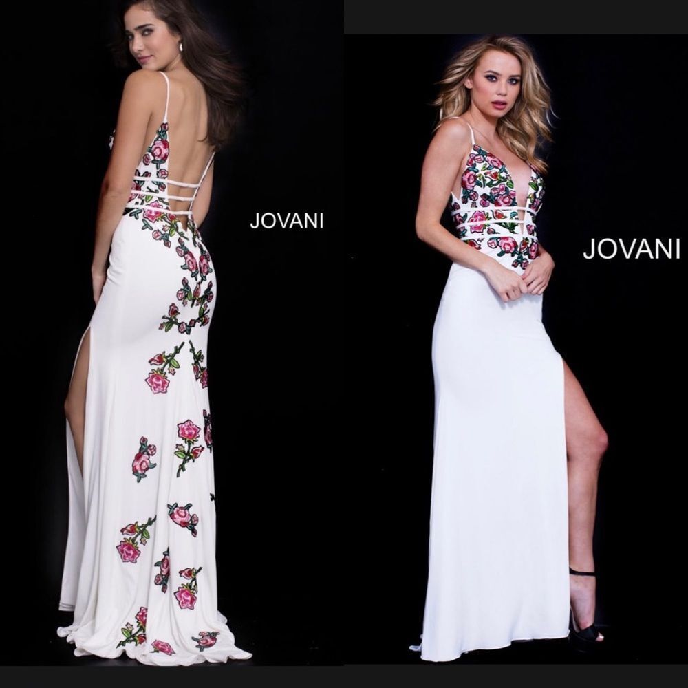 NEW Jovani Style 6150 white embroidered high slit column gown maxi dress 0